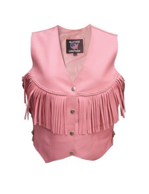 (image for) Ladies pink cowhide leather vest braided yoke with fringe